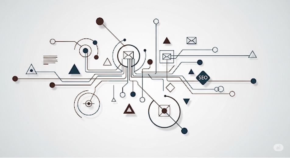 Sơ đồ mô phỏng hệ thống digital marketing với các kênh kết nối dữ liệu, email và SEO