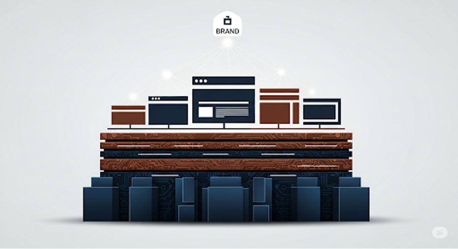 Minh họa kiến trúc nền tảng thương hiệu số với giao diện web, hệ thống máy chủ và dữ liệu