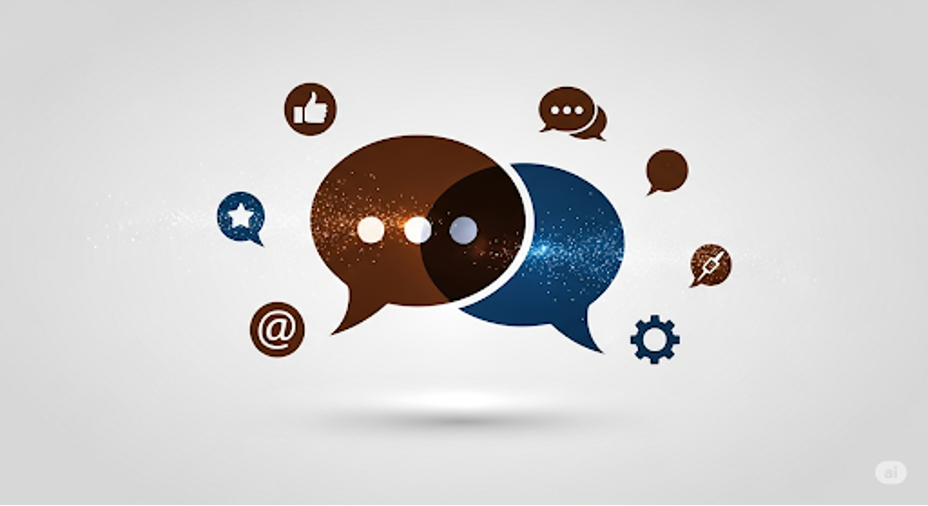 Biểu tượng hội thoại và tương tác mạng xã hội thể hiện kết nối giữa thương hiệu và người dùng