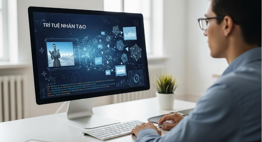 Robot AI với ngoại hình hiện đại đang tương tác với dữ liệu số, biểu trưng cho tương lai của công nghệ thông minh