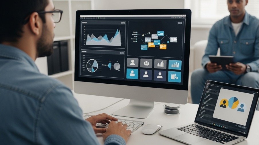 Giao diện người dùng UI hiện đại với biểu đồ và hệ thống dashboard hiển thị trong môi trường số hóa