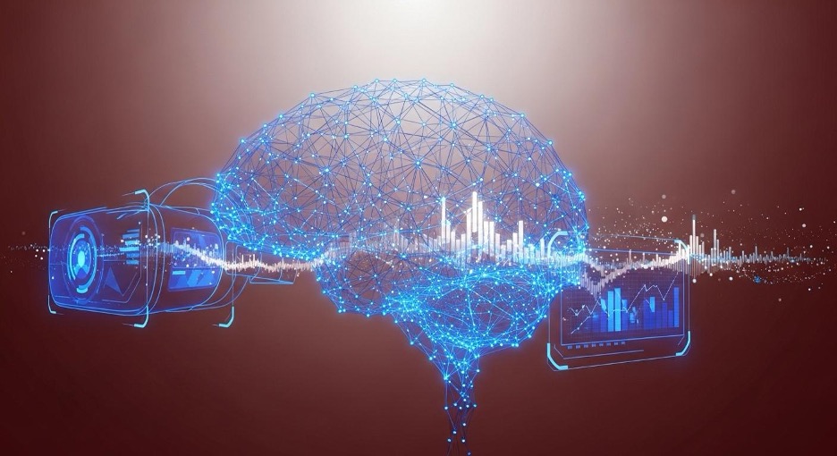 Mô hình não bộ số hóa thể hiện trí tuệ nhân tạo (AI) kết nối dữ liệu và thiết bị công nghệ