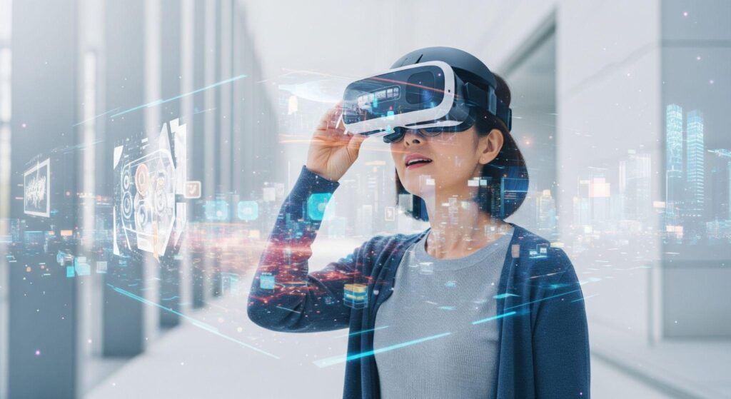 Người phụ nữ sử dụng kính thực tế ảo (VR) trong môi trường kỹ thuật số hiện đại