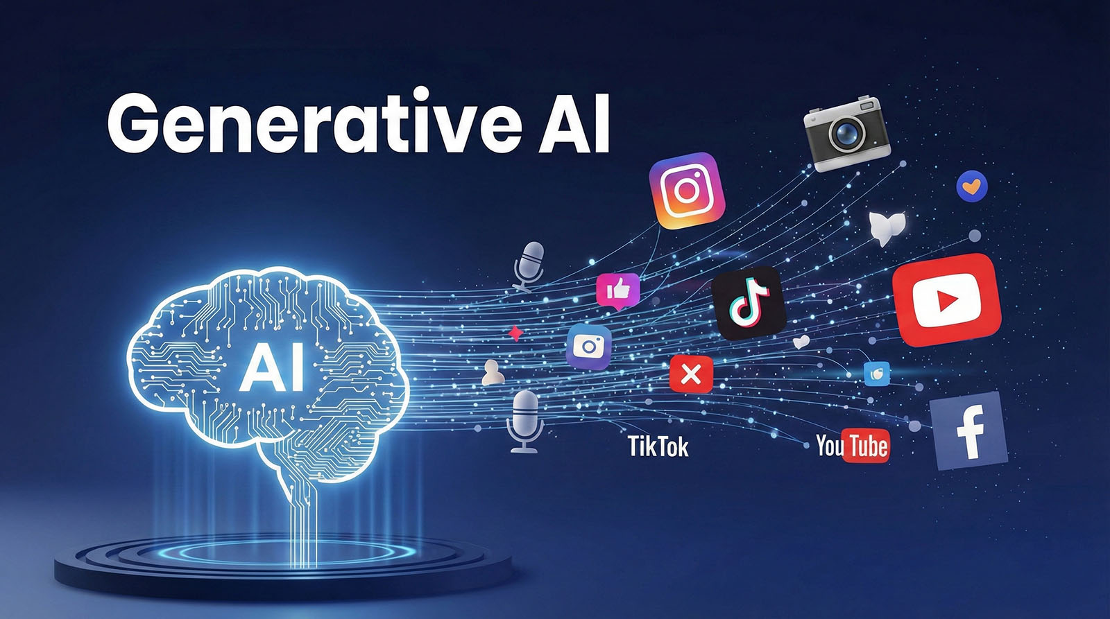 Generative AI brain emitting content toward social media platforms like TikTok, Instagram, YouTube, and Facebook.