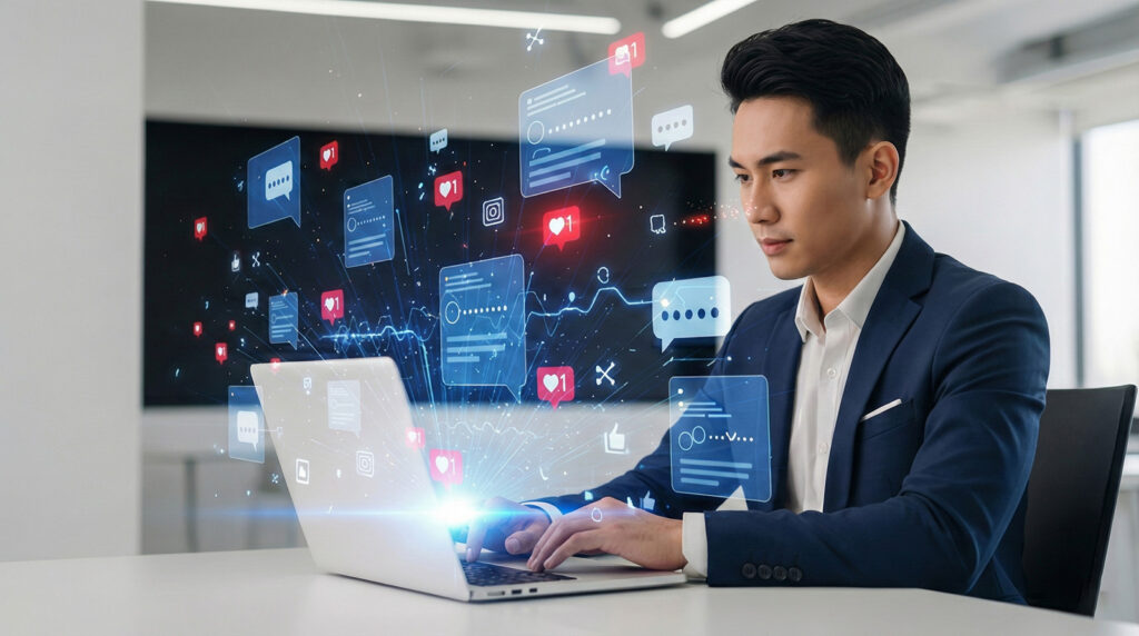 Bức ảnh thể hiện một chuyên gia đang tối ưu nội dung số với các biểu tượng tương tác mạng xã hội đầy ấn tượng