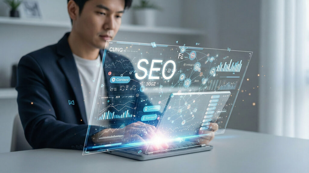 Expert analyzing SEO keyword data and trends for 2025 on a high-tech display screen.