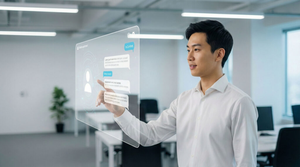 Illustration of a chatbot icon and text 'Can I Help You?' on a smartphone screen, symbolizing AI customer support.