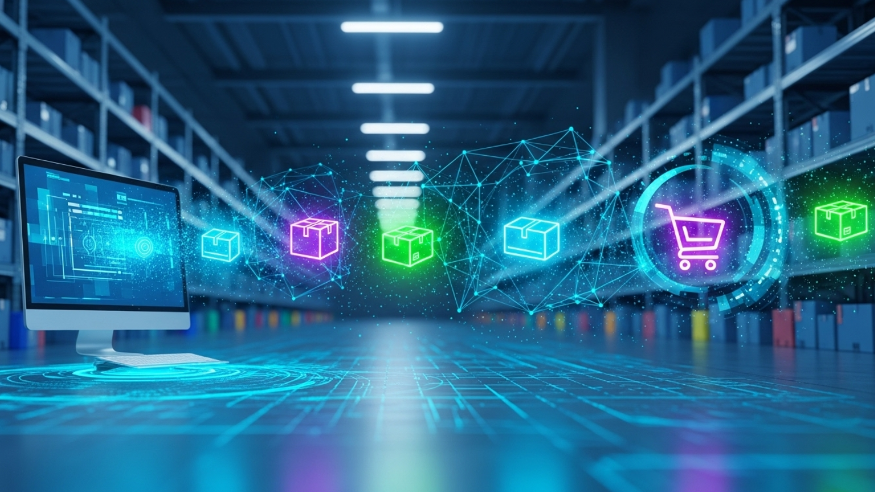 A futuristic warehouse scene shows digital product icons flowing from a computer toward a shopping cart symbol, representing e-commerce, logistics, and automation