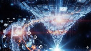 A futuristic digital illustration shows a glowing blue and orange data vortex filled with technology icons and network lines