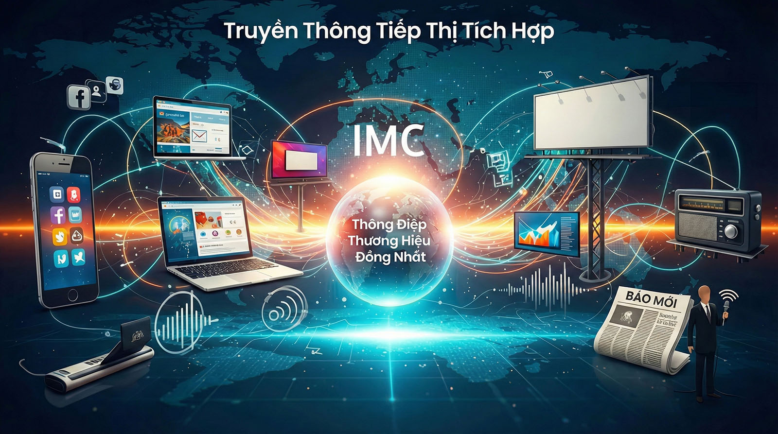 Mô hình truyền thông tiếp thị tích hợp IMC với thông điệp thương hiệu thống nhất trên nhiều kênh truyền thông.