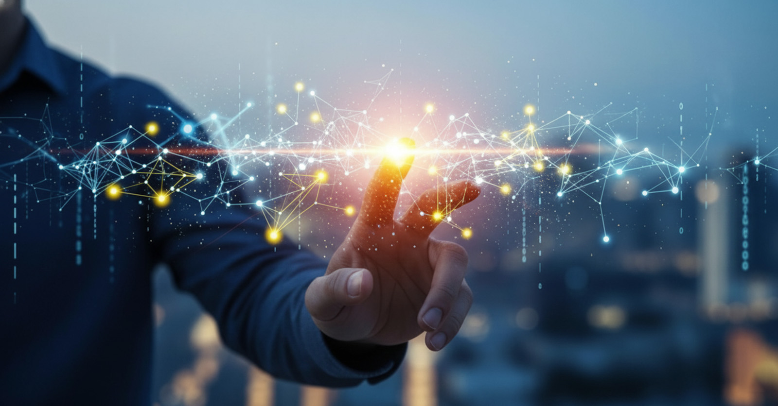 Hand interacting with a glowing digital network of connected data points.