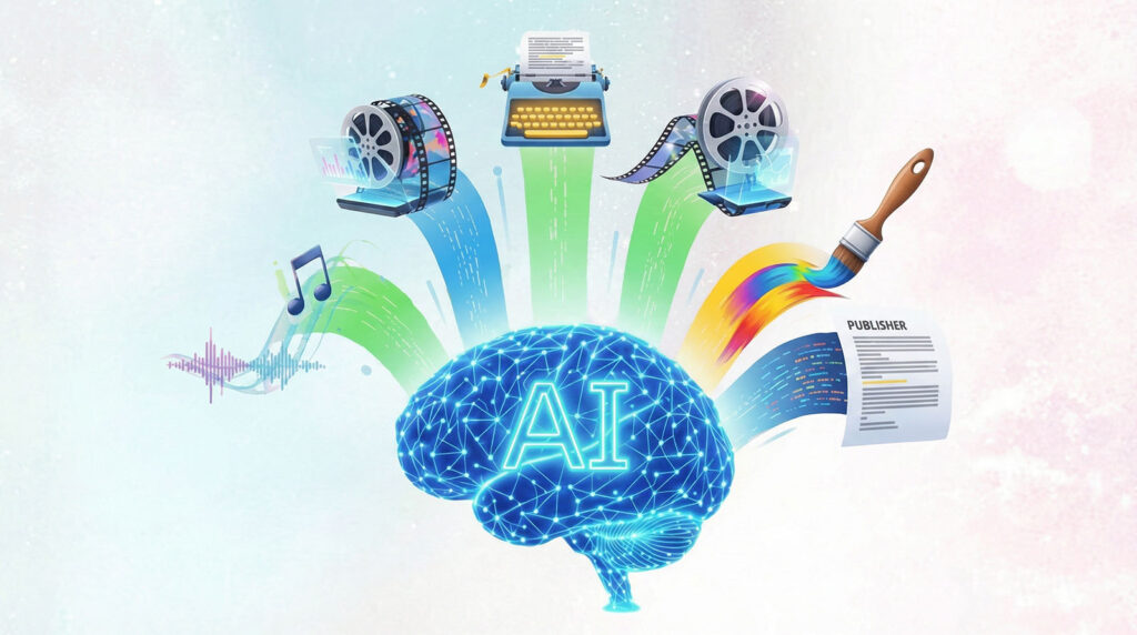 Illustration of an AI core generating diverse content assets (text, images, video) for a user on a digital interface.