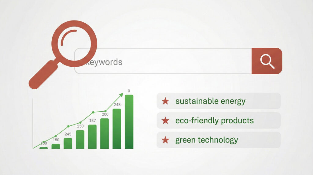 Illustration of a magnifying glass and growth charts used to identify profitable SEO keywords.