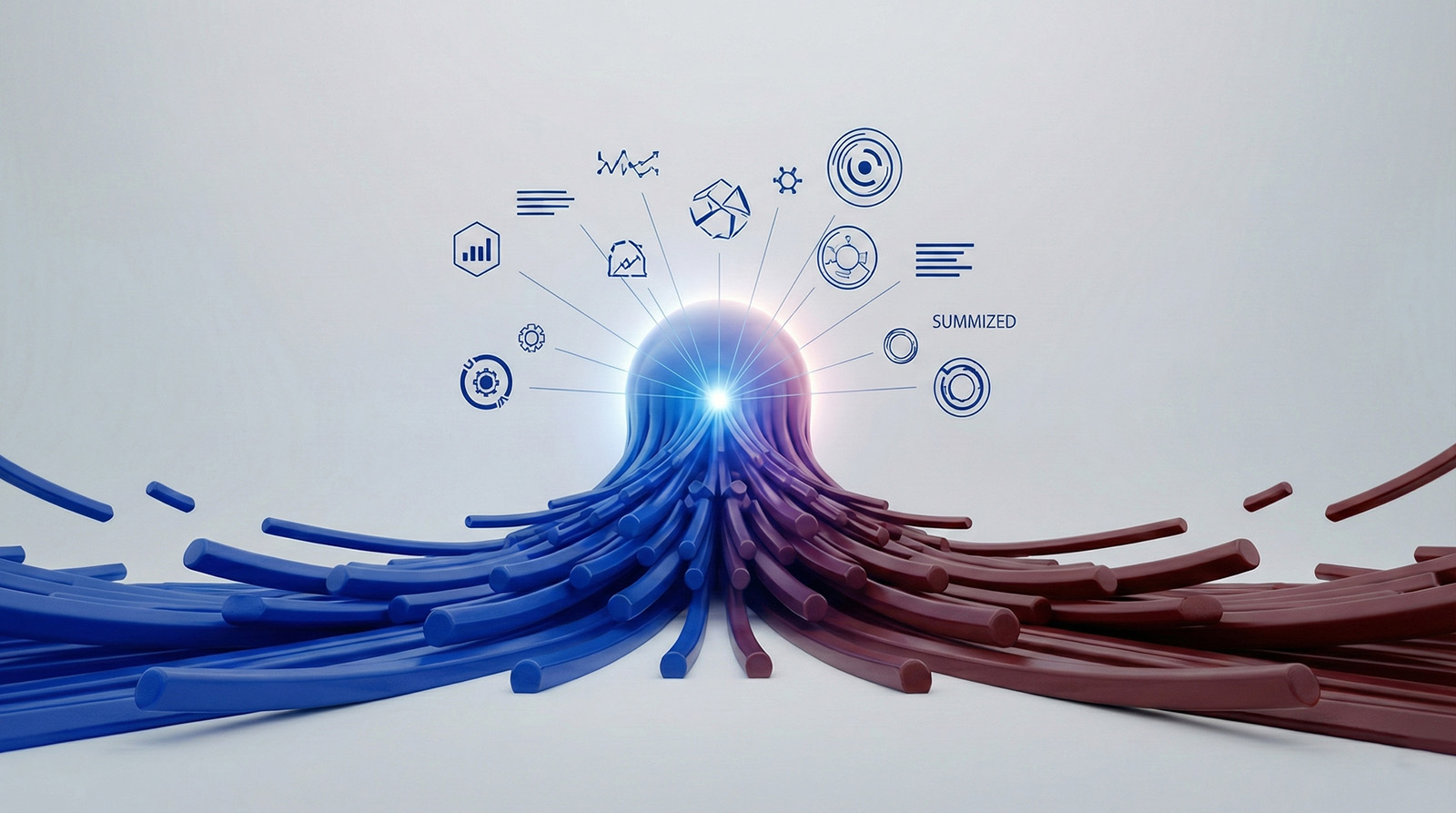 Visualization of blue and red data streams converging into a central hub with analytical icons, representing descriptive analytics