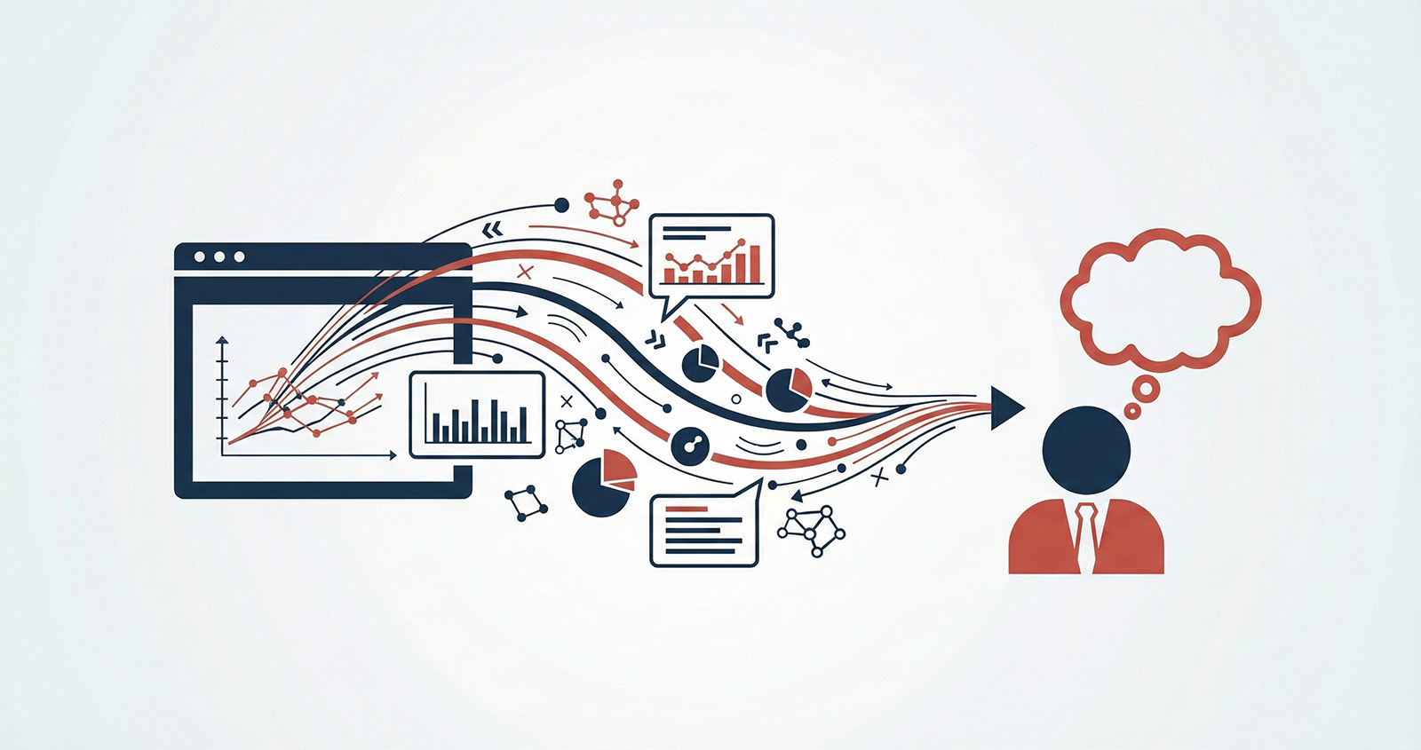 Analytics dashboards and charts flowing toward a person thinking about insights.