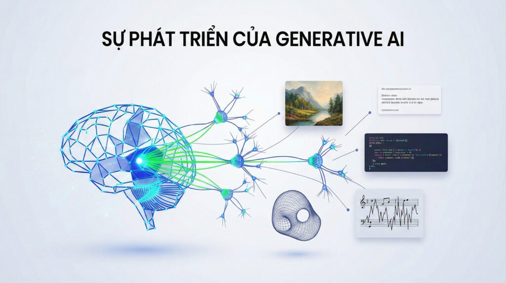 Bộ não kỹ thuật số kết nối với các sản phẩm đầu ra như tác phẩm nghệ thuật, mã code, âm nhạc và mô hình 3D, tượng trưng cho sự tiến hóa của AI tạo sinh.