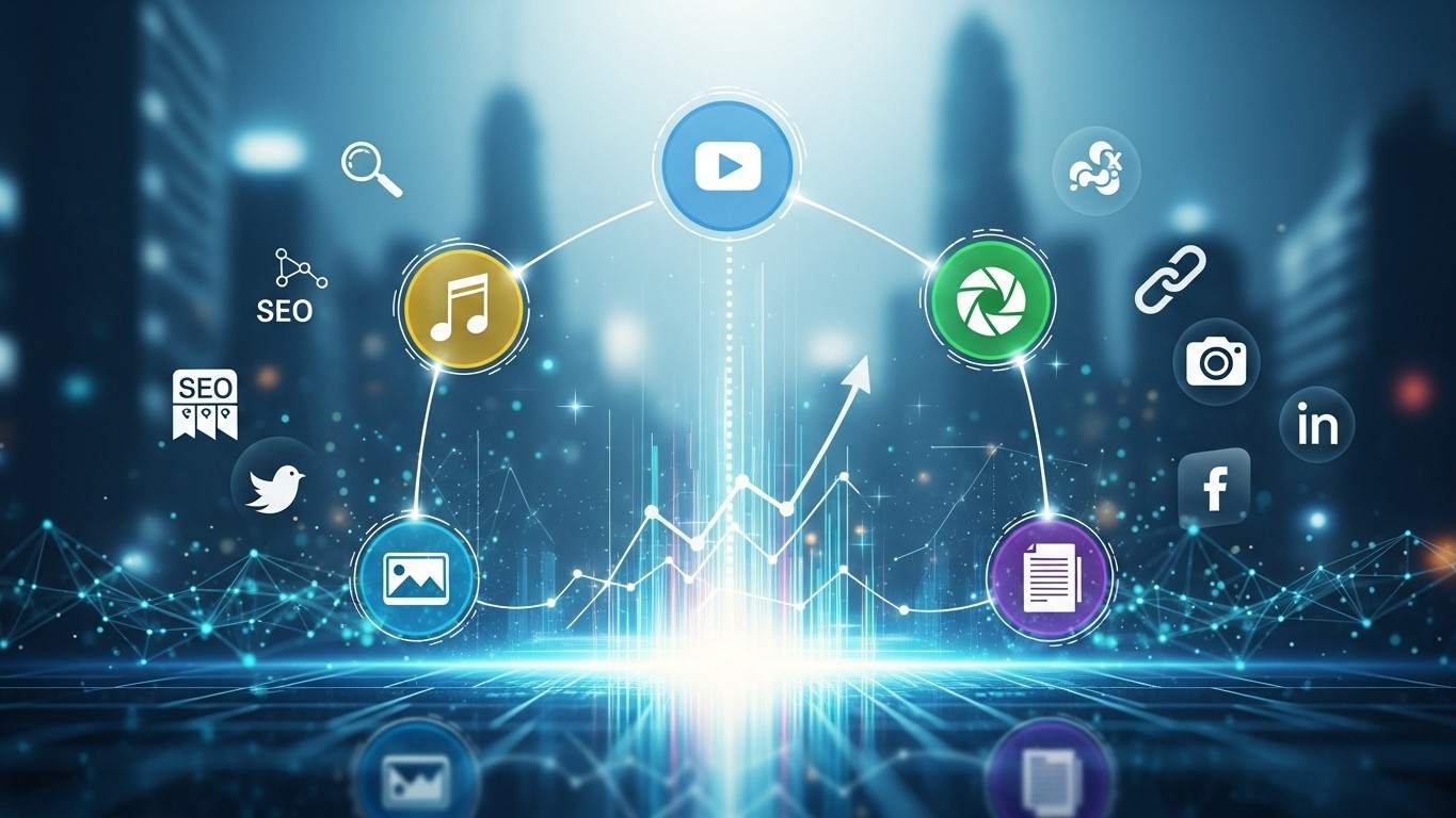 A futuristic digital landscape displays multimedia icons, social platforms, SEO elements, and rising analytics, symbolizing modern content marketing and online growth