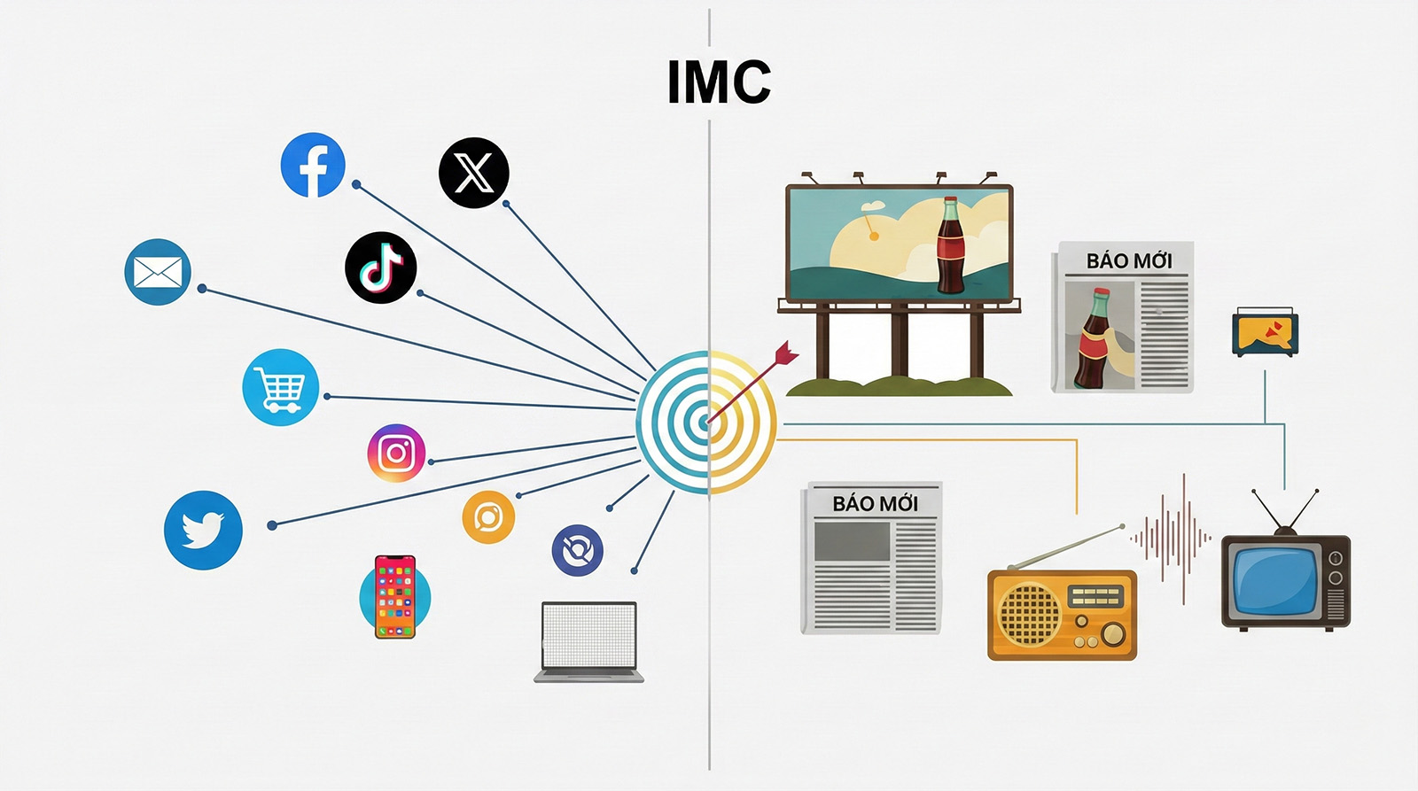 Comparison visual showing integrated marketing communications (IMC) with multiple digital touchpoints versus traditional advertising channels