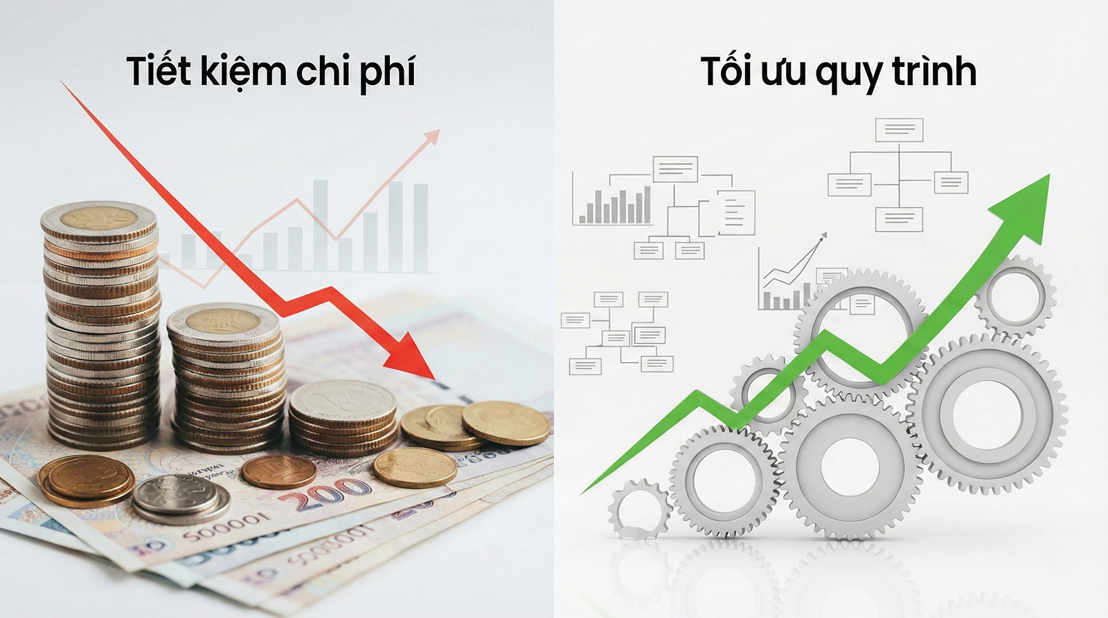 Comparison image showing cost savings on the left and process optimization on the right.