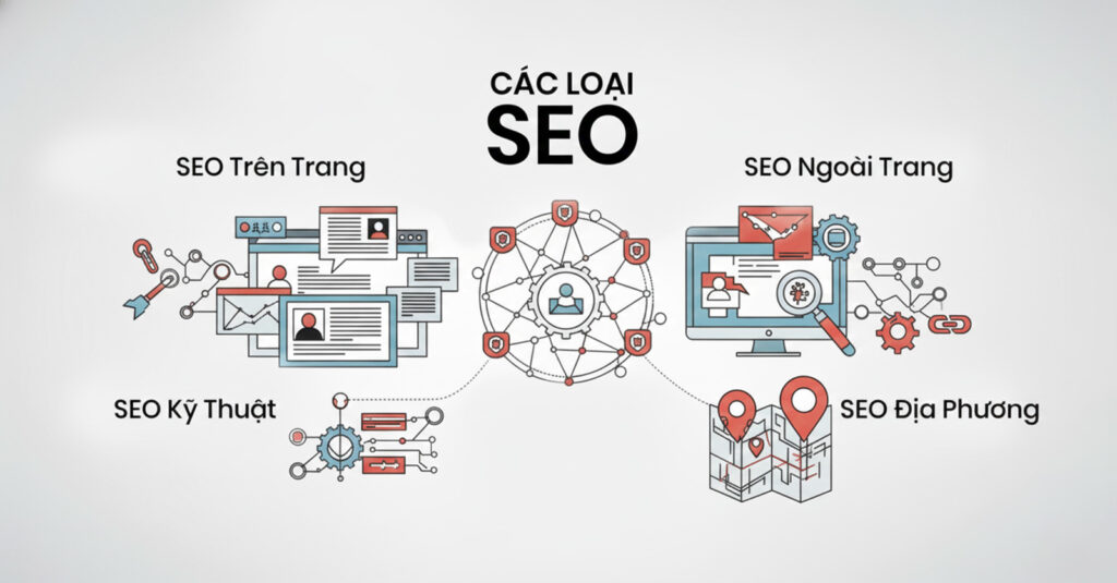 Các loại SEO gồm SEO on-page, SEO off-page, SEO kỹ thuật và SEO địa phương