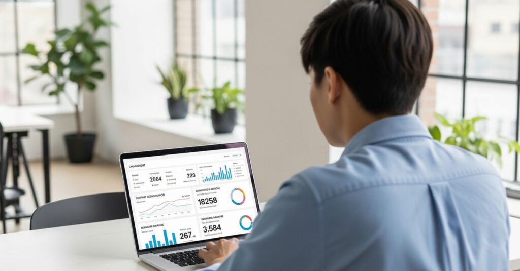 Expert analyzing a dashboard with critical metrics on Content Engagement, Consumption, and Conversion.
