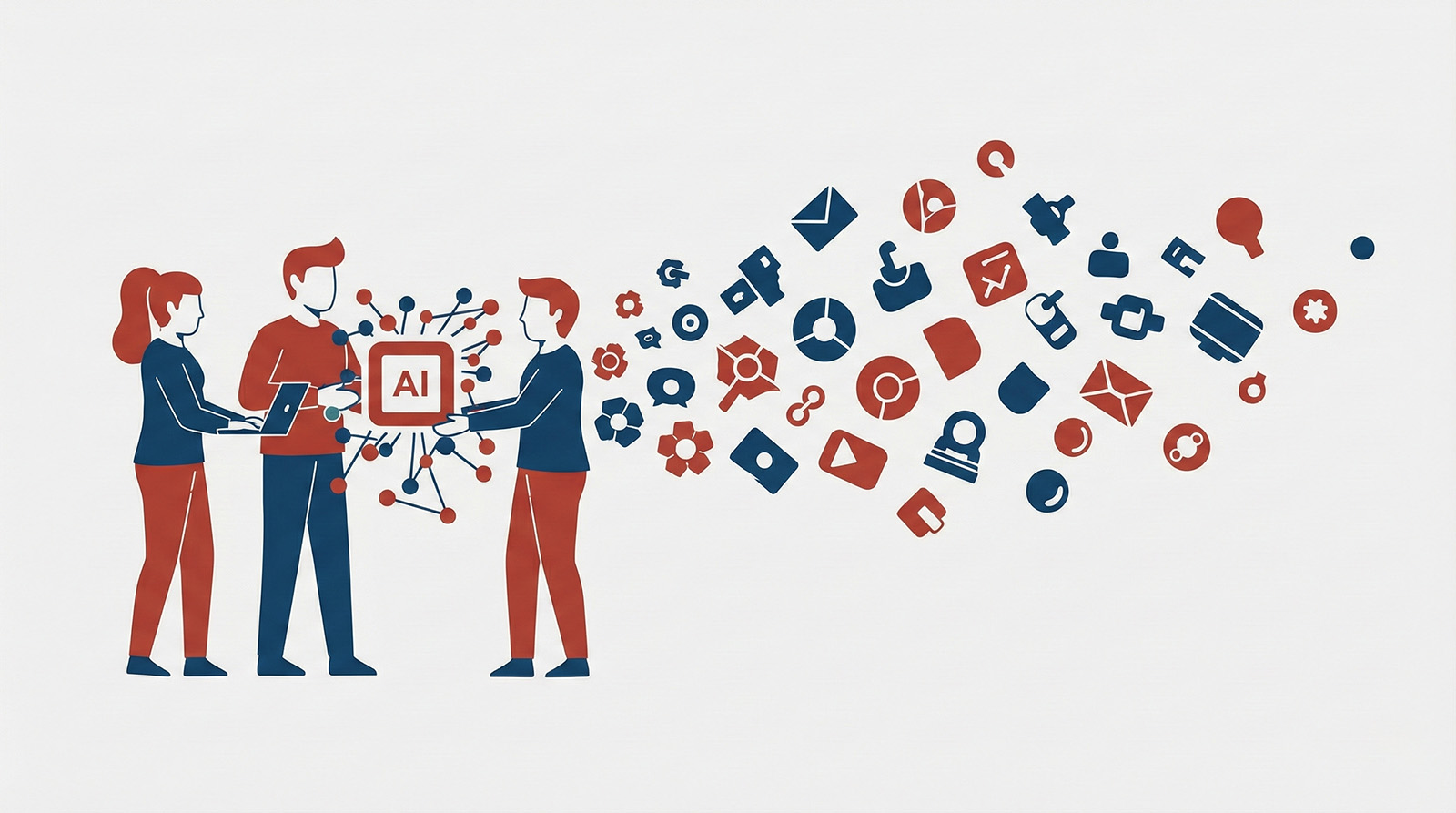 Illustration of a team collaborating with an AI core that generates diverse output icons, symbolizing increased workforce capacity.