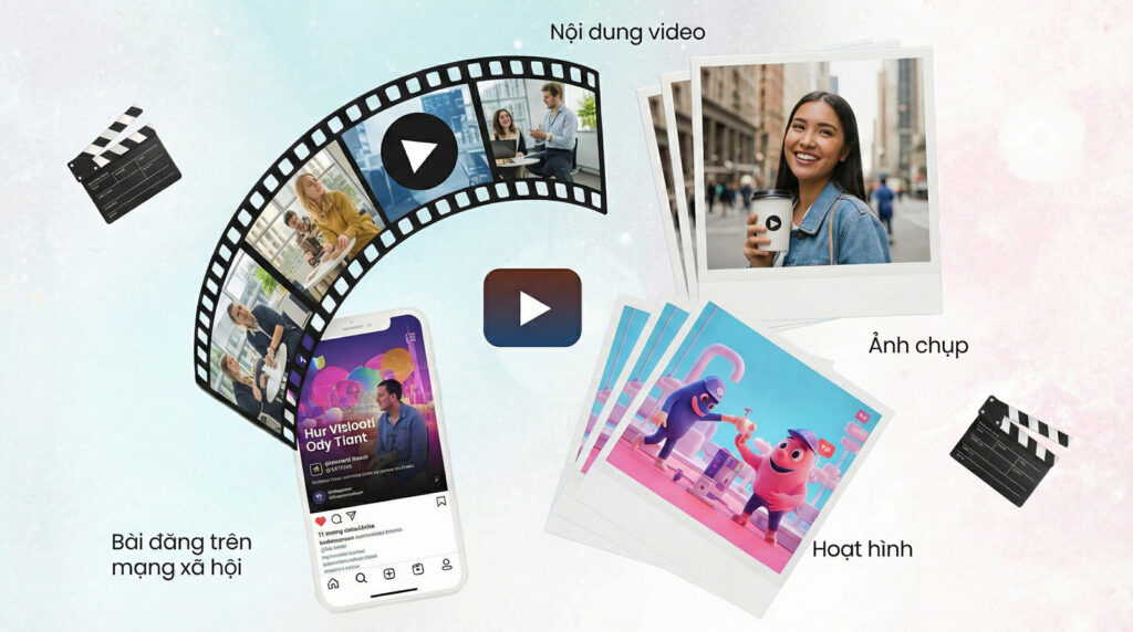 Infographic illustrating the various types of content used for storytelling: video clips, photographic images, social media posts, and motion graphics