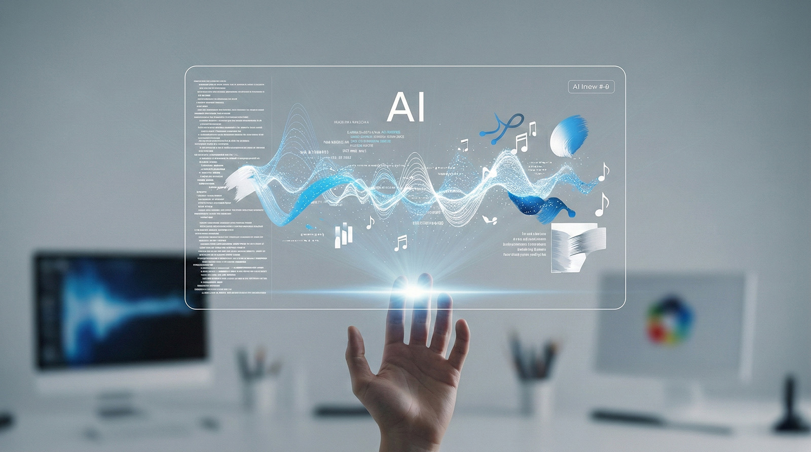 Hand interacting with a digital AI interface displaying icons for data, graphs, music, and documents in a modern workspace.