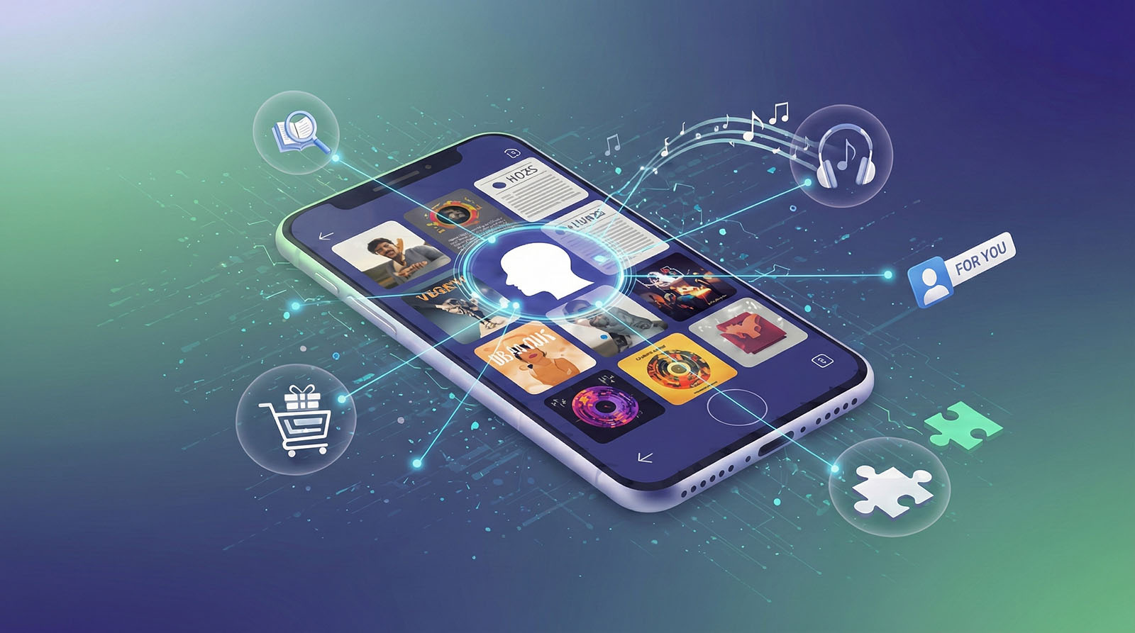 Smartphone with multiple app icons and digital elements representing personalization and interaction.