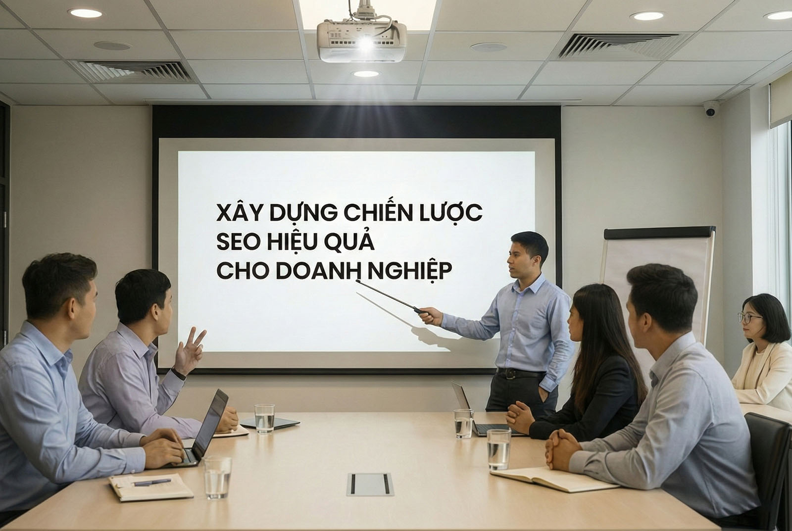 The meeting to develop an effective SEO strategy for the business took place in the conference room.