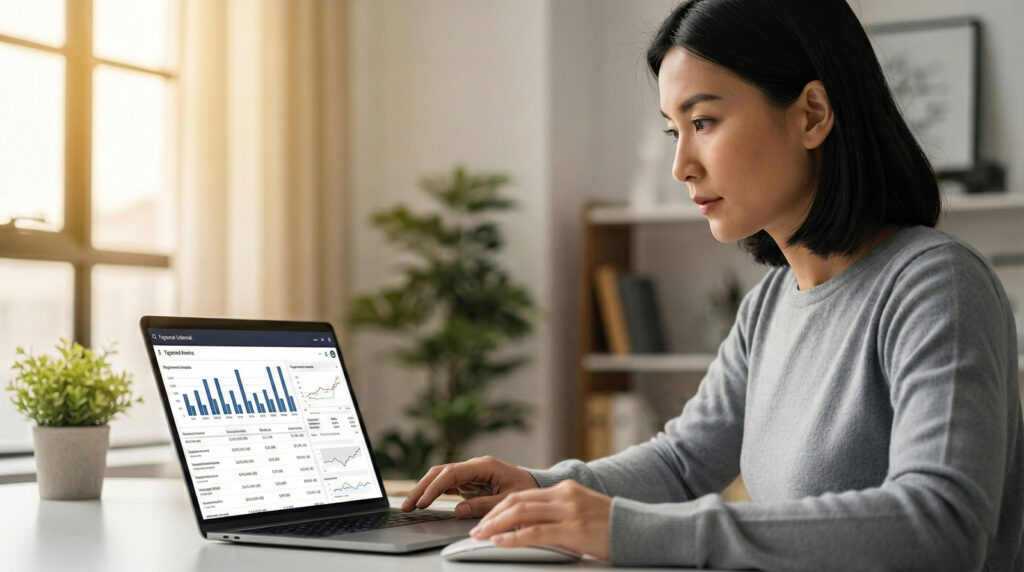 Woman using a laptop to analyze SEO performance graphs and charts on a data dashboard.