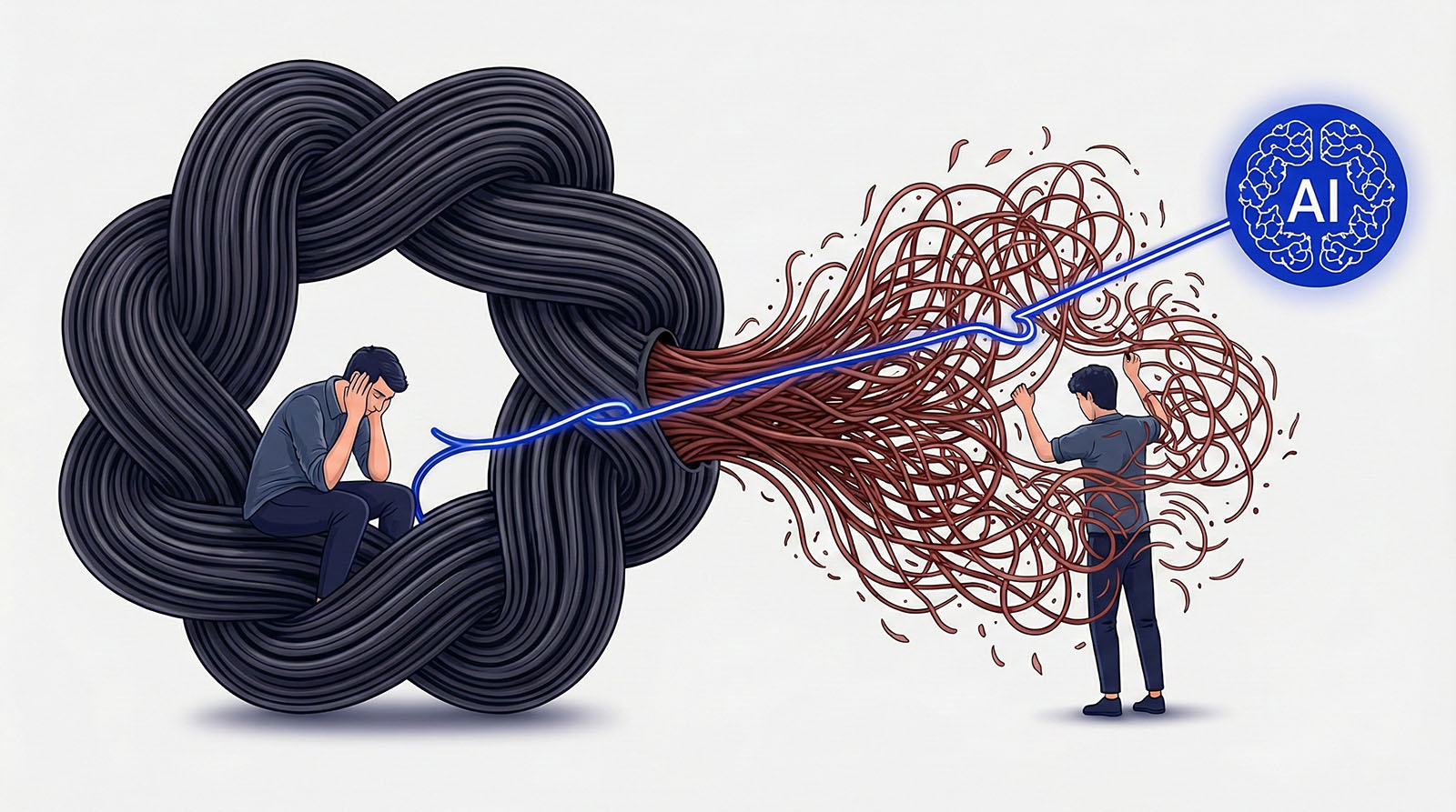 Hình ảnh minh họa khả năng của trí tuệ nhân tạo (AI) trong việc gỡ rối các vấn đề phức tạp và tối ưu hóa tư duy
