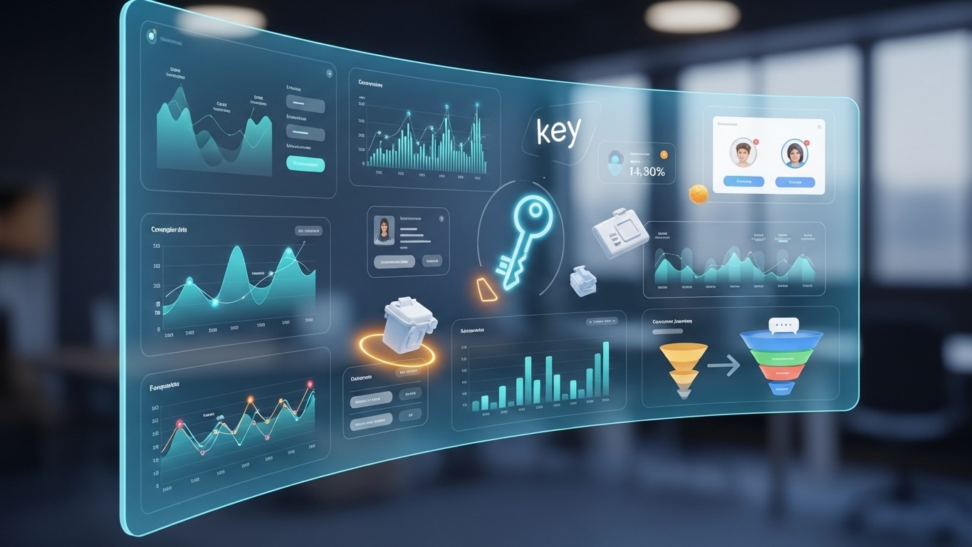 A futuristic holographic dashboard displaying analytics, charts, data visualizations, user profiles, and digital security elements in a modern workspace environment