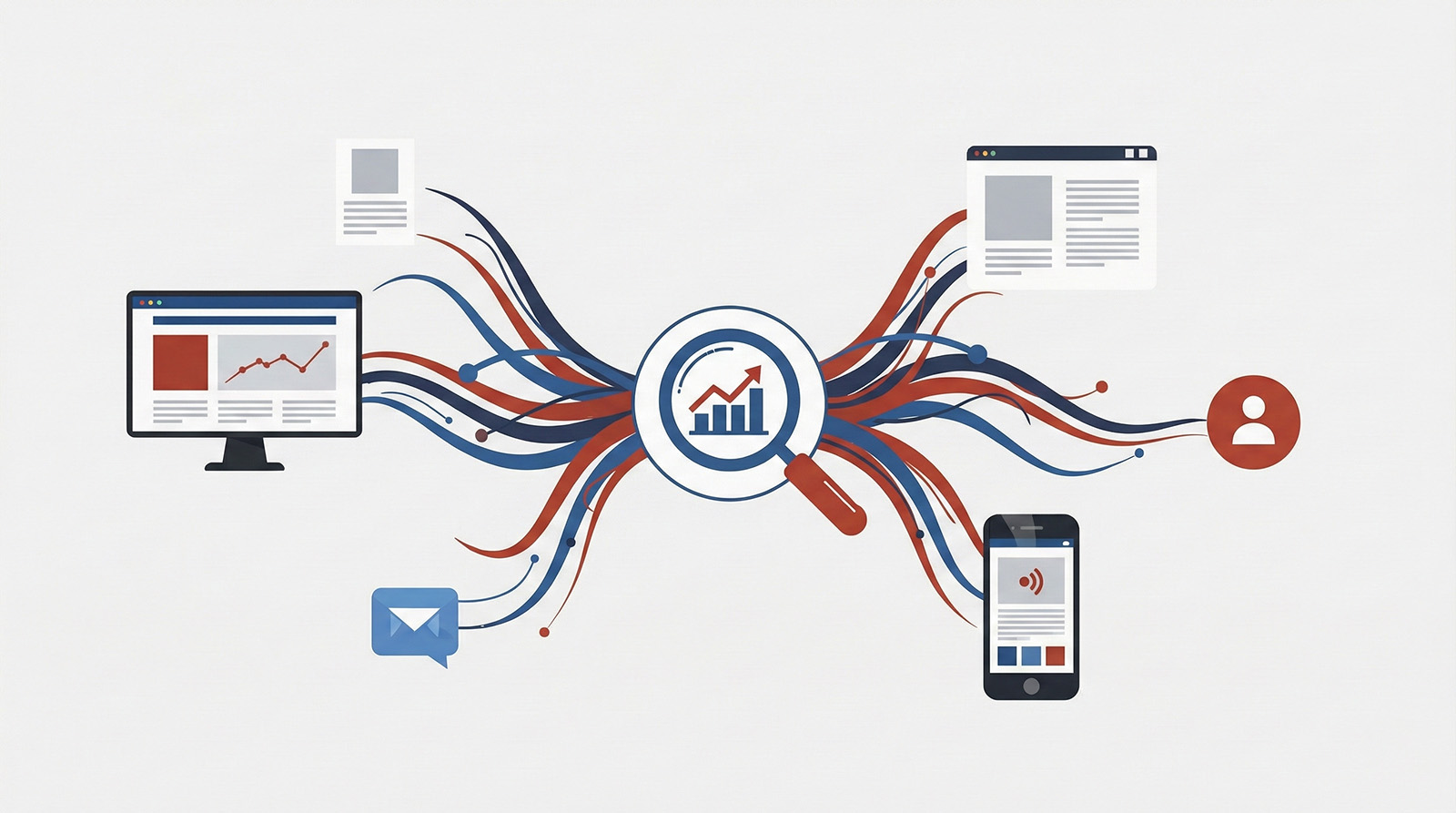 Diagram of AI analyzing data streams to optimize SEO across desktop and mobile devices.
