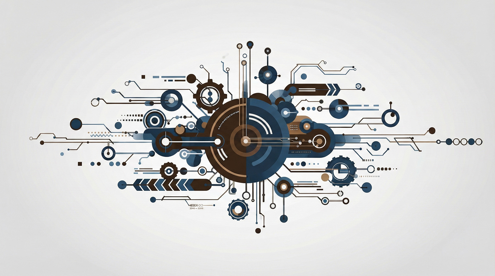 Technology ecosystem illustration featuring interconnected gears, circuits, and digital pathways symbolizing CRM, CDP, ERP, RPA, and iPaaS integration within enterprise systems.