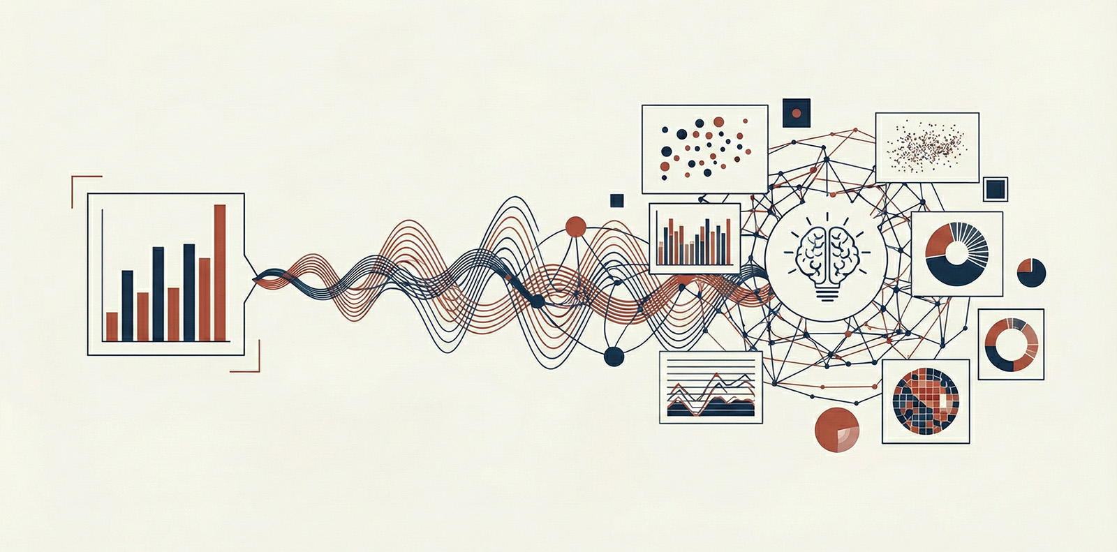 Data charts and signals transforming into visual insights around a brain icon.