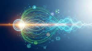 A glowing digital sphere releases flowing data streams filled with icons, representing connectivity, communication, analytics, and dynamic information exchange in cyberspace