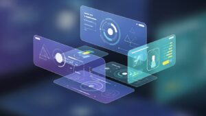 Floating transparent digital panels display futuristic charts, analytics, and UI elements, creating a high-tech interface in a modern virtual environment