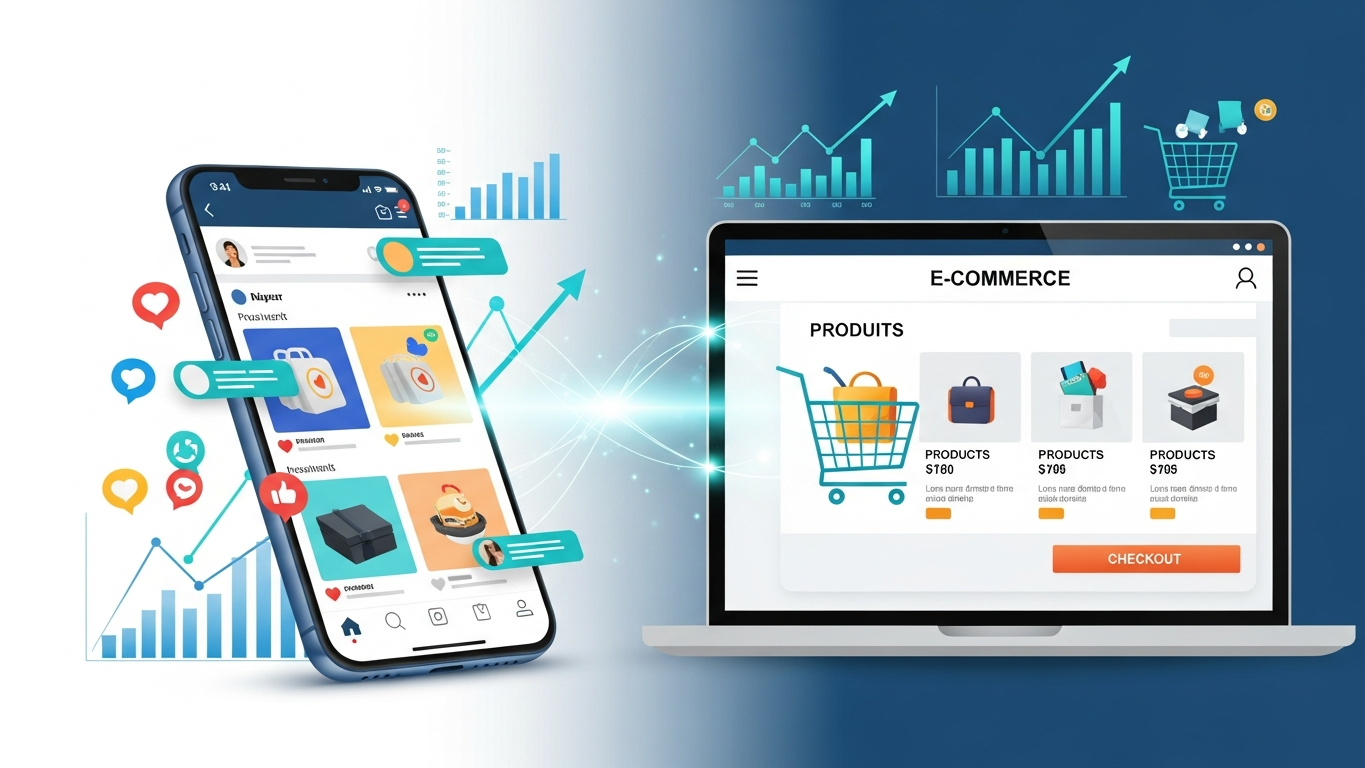 A mobile app and laptop showcase modern e-commerce features, product browsing, social engagement, and rising analytics for digital shopping performance