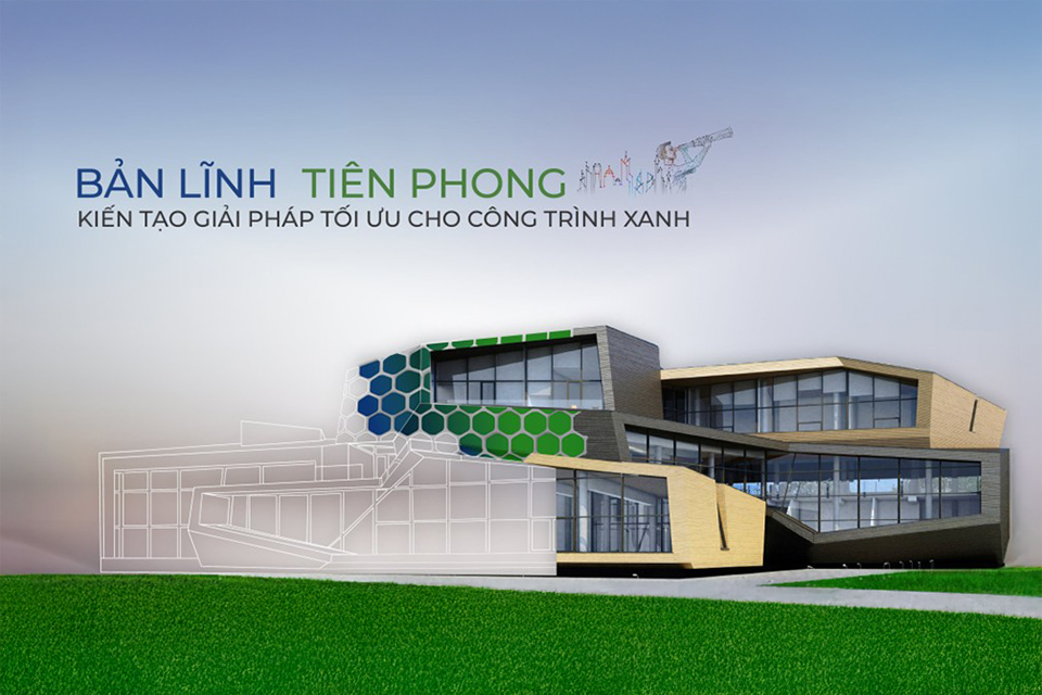 Conceptual drawing transitioning into a modern, sustainable green building facade with hexagonal green elements.