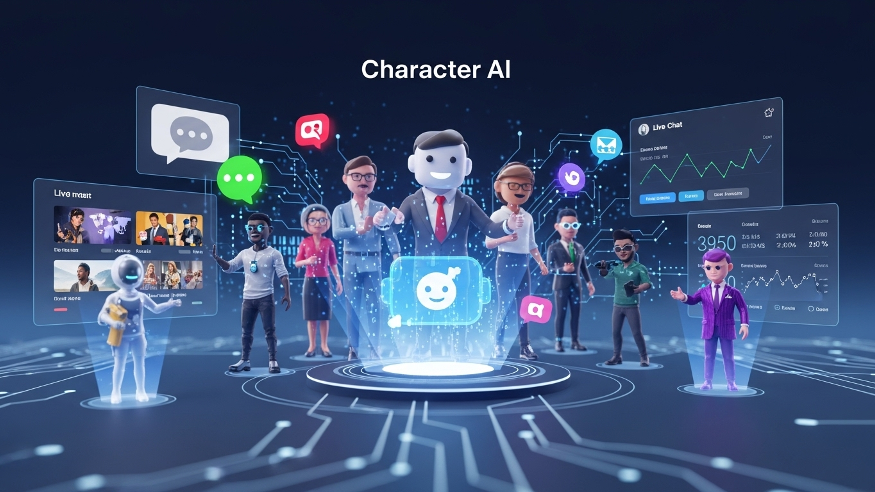 Diverse 3D characters interact with futuristic AI interfaces, live chat panels, analytics screens, and communication icons in an advanced digital environment