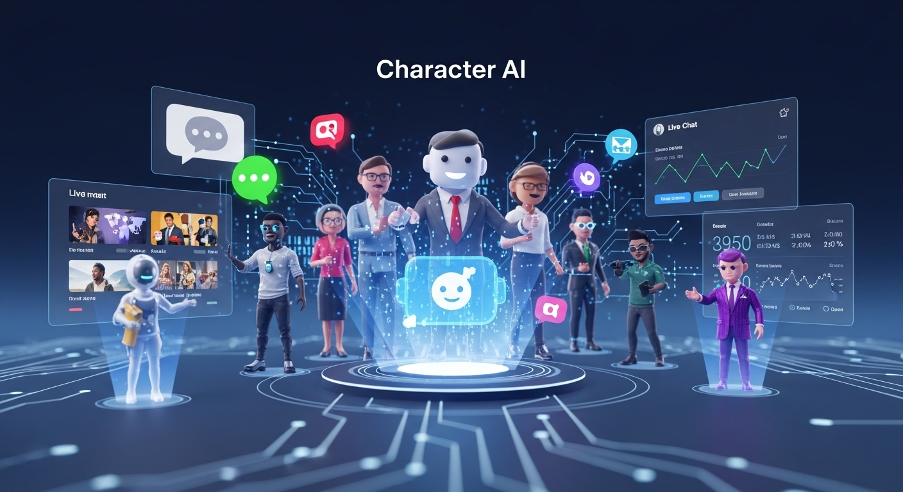 Stylized digital avatars and user interfaces surrounding a central Character AI icon, representing interactive AI-driven personas and live chat features.