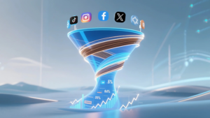 An abstract, spiraling digital funnel showing social media icons (TikTok, Instagram, Facebook) at the top and growth charts and analytics data at the bottom, symbolizing multi-channel marketing and conversion optimization.