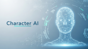 A glowing wireframe human head represents advanced Character AI technology, surrounded by futuristic digital circuits and interface elements on a light background