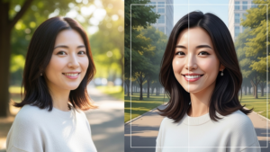 A woman smiles outdoors as her portrait is transformed into a digital illustration, highlighting AI-powered photo enhancement, style conversion, and creativity.