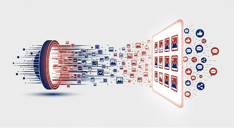 AI system filtering and organizing numerous icons of images and media into a structured display interface.