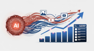 AI drives SEO growth—text, image, and video streams feed a rising chart and SERP.