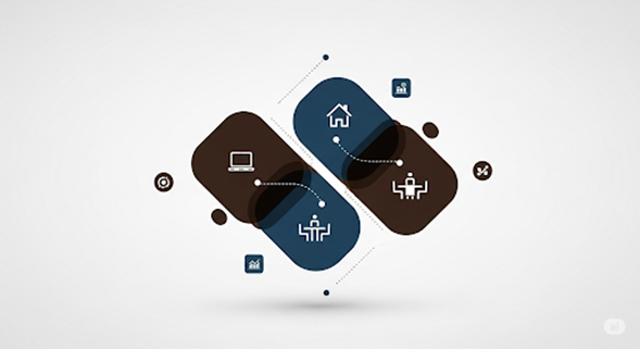Hybrid and remote work illustration showing connected home and office environments, representing digital collaboration and organizational change management