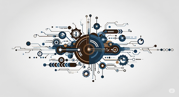 Technology ecosystem illustration featuring interconnected gears, circuits, and digital pathways symbolizing CRM, CDP, ERP, RPA, and iPaaS integration within enterprise systems.
