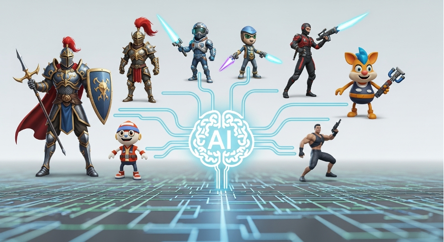 A lineup of AI-generated game characters representing diverse genres powered by artificial intelligence